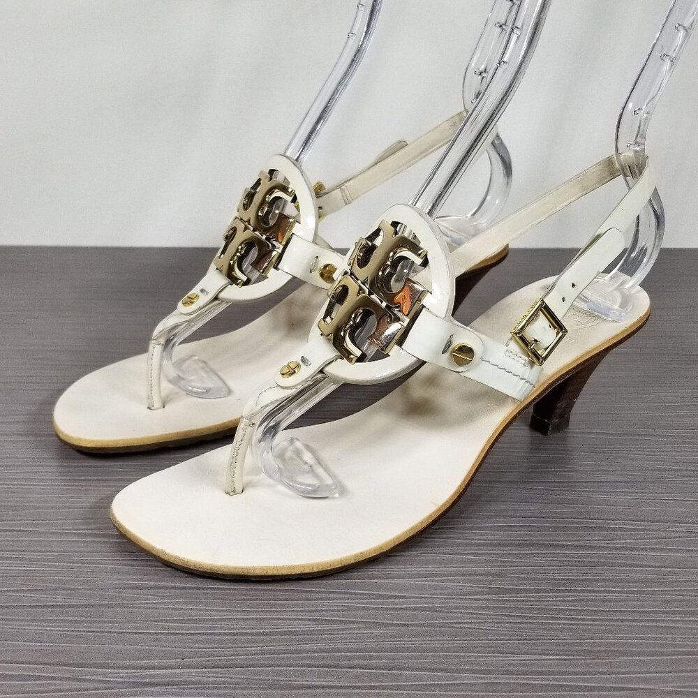 Tory Burch Holly 2 Logo Sandals White Leather, Womens Size 6.5 M